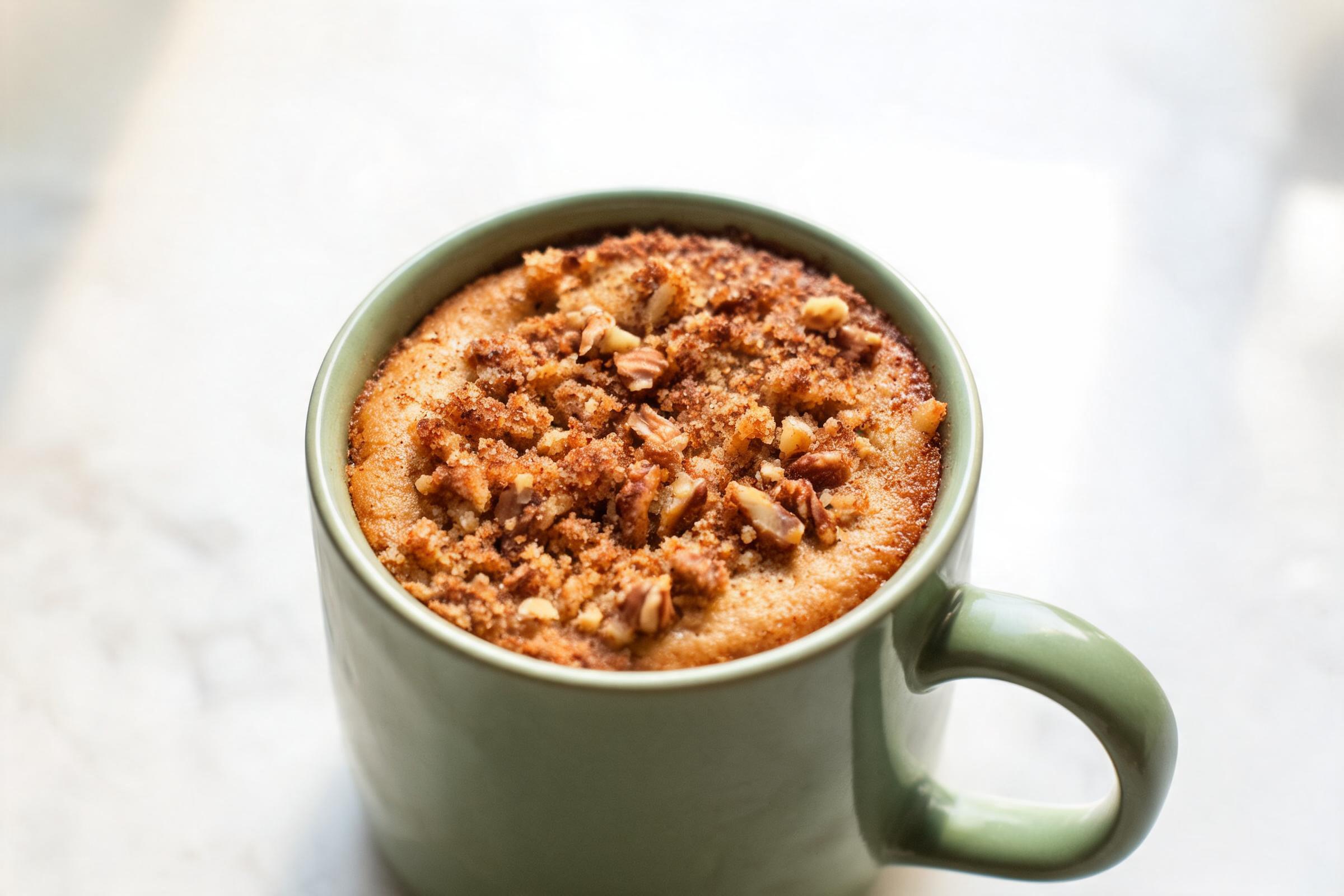 Coffee cake mug cake with cinnamon walnut crumb topping in a cream mug