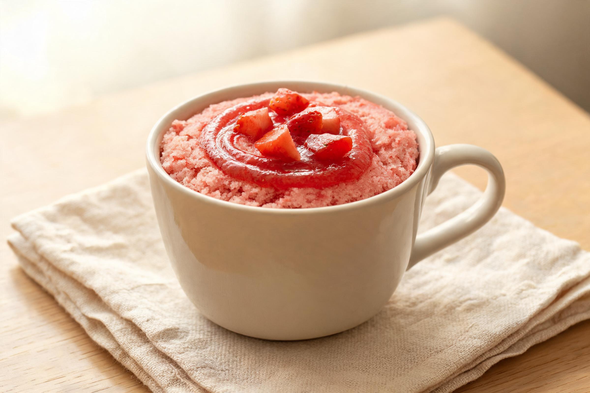 Pink strawberry mug cake with a jam swirl in a pale ceramic mug