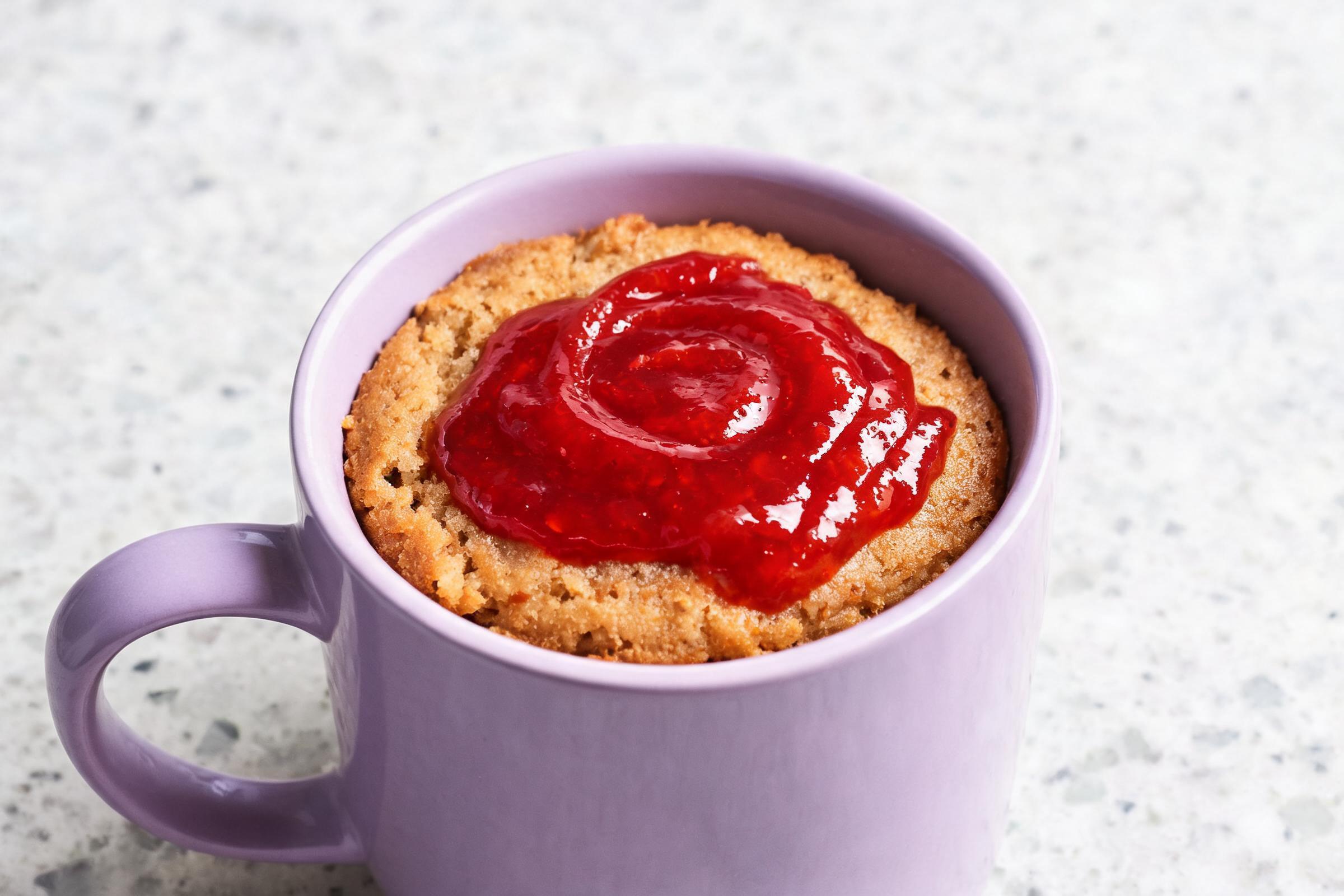 Vegan peanut butter jam mug cake with a red jam swirl across the top