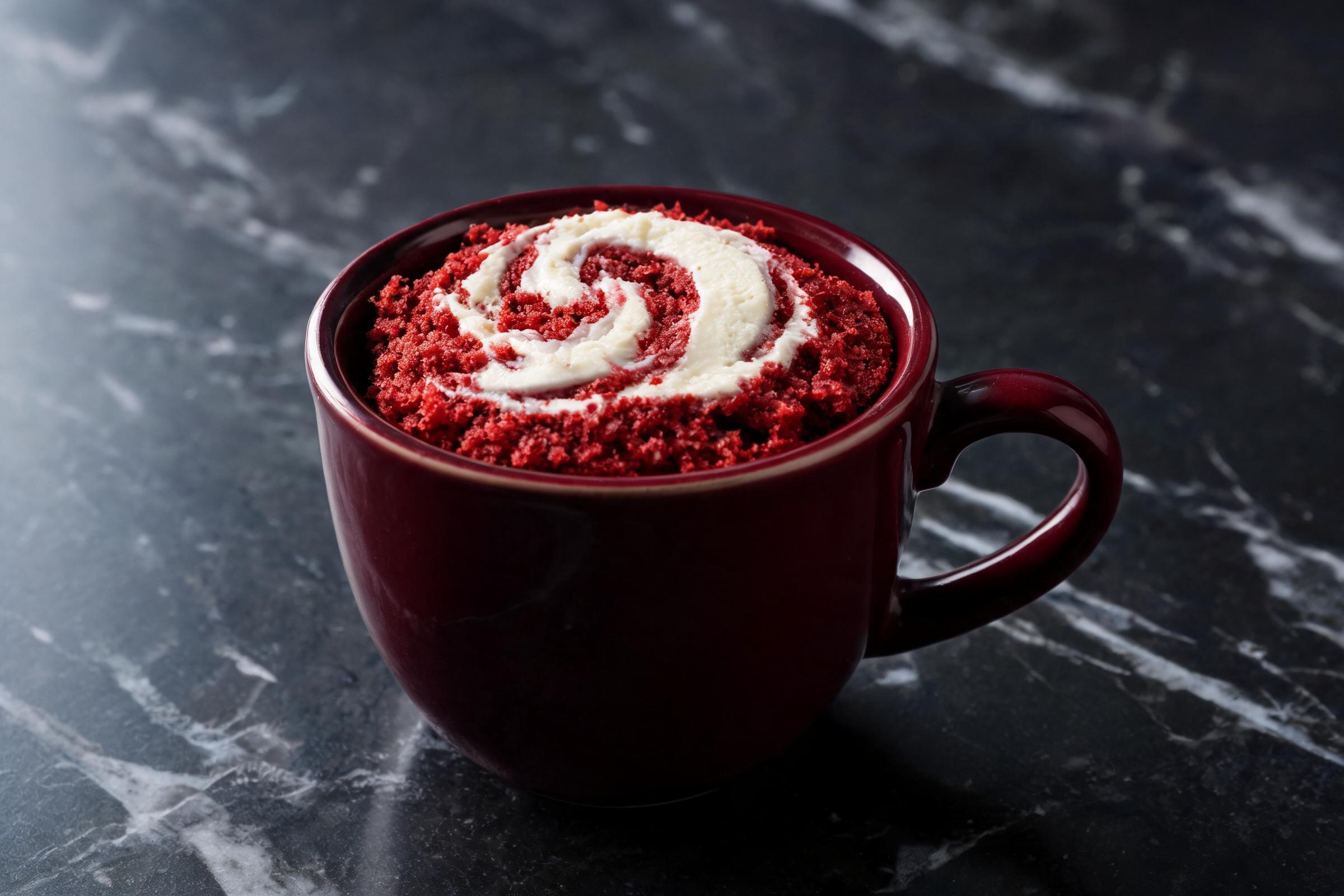 Eggless red velvet mug cake with cream cheese swirl on top