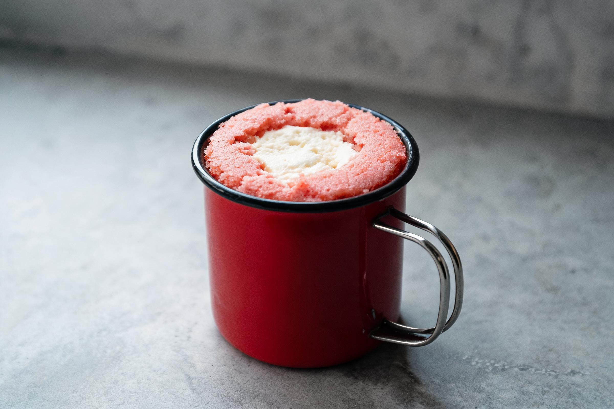 Strawberry cream cheese mug cake with a pale pink crumb and cream cheese center