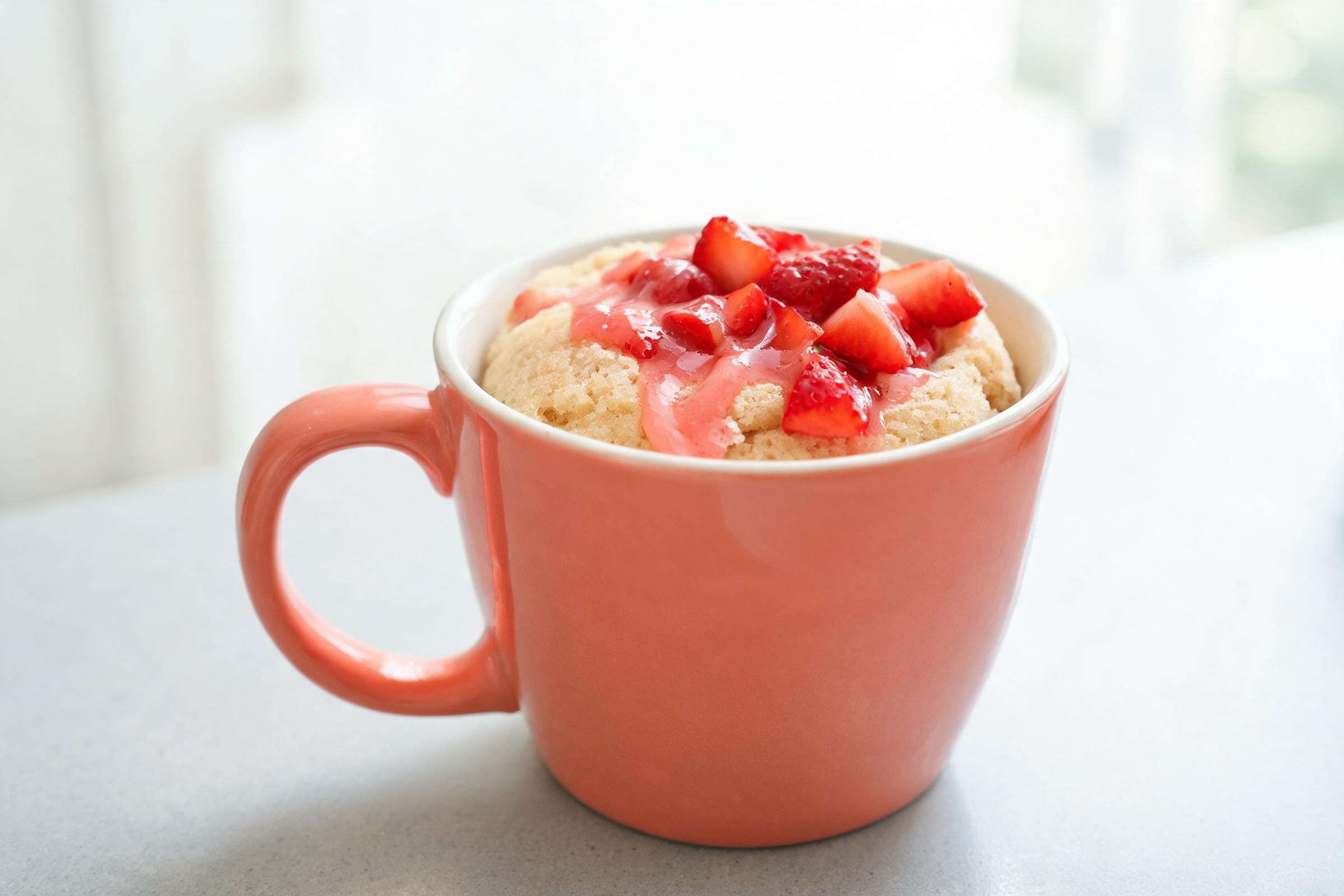 Strawberry shortcake mug cake with diced berries and jam swirl