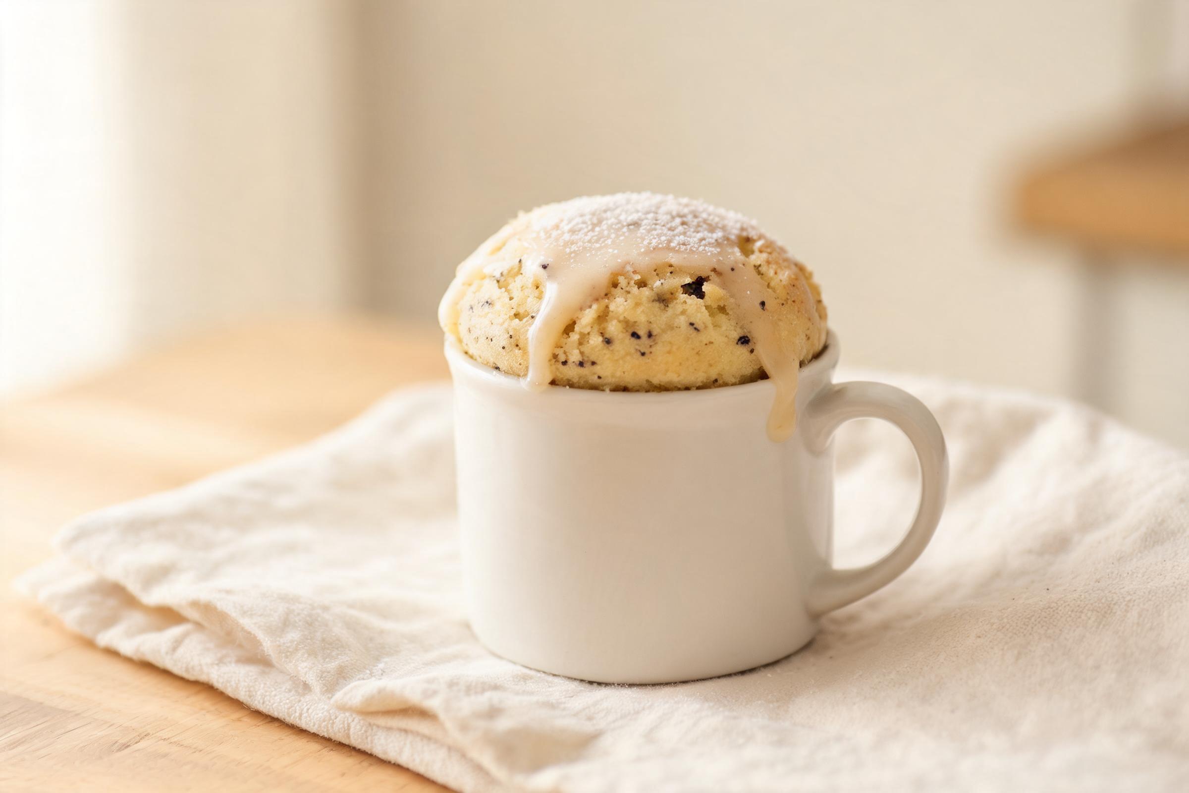 Vanilla bean mug cake in a white ceramic mug on a linen napkin